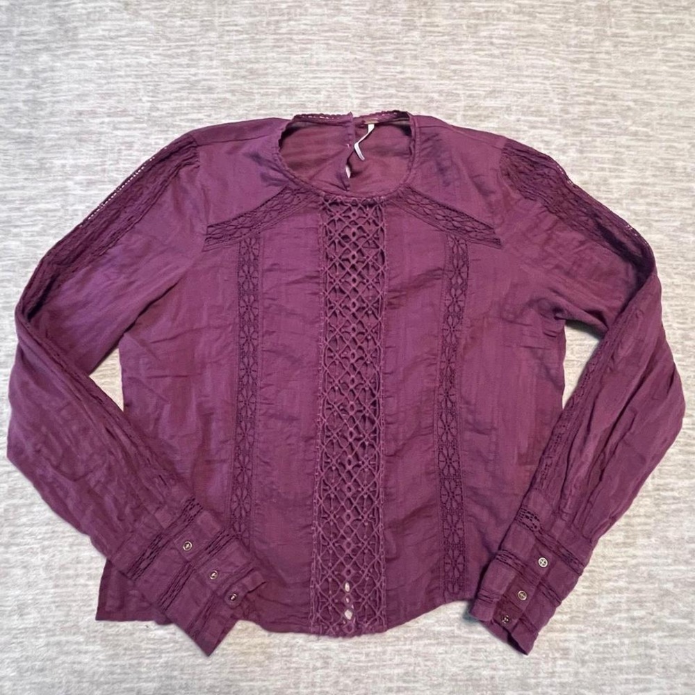 Free People Lace Trim Blouse Long Sleeve Purple Boho‎ Top Back Button Women S